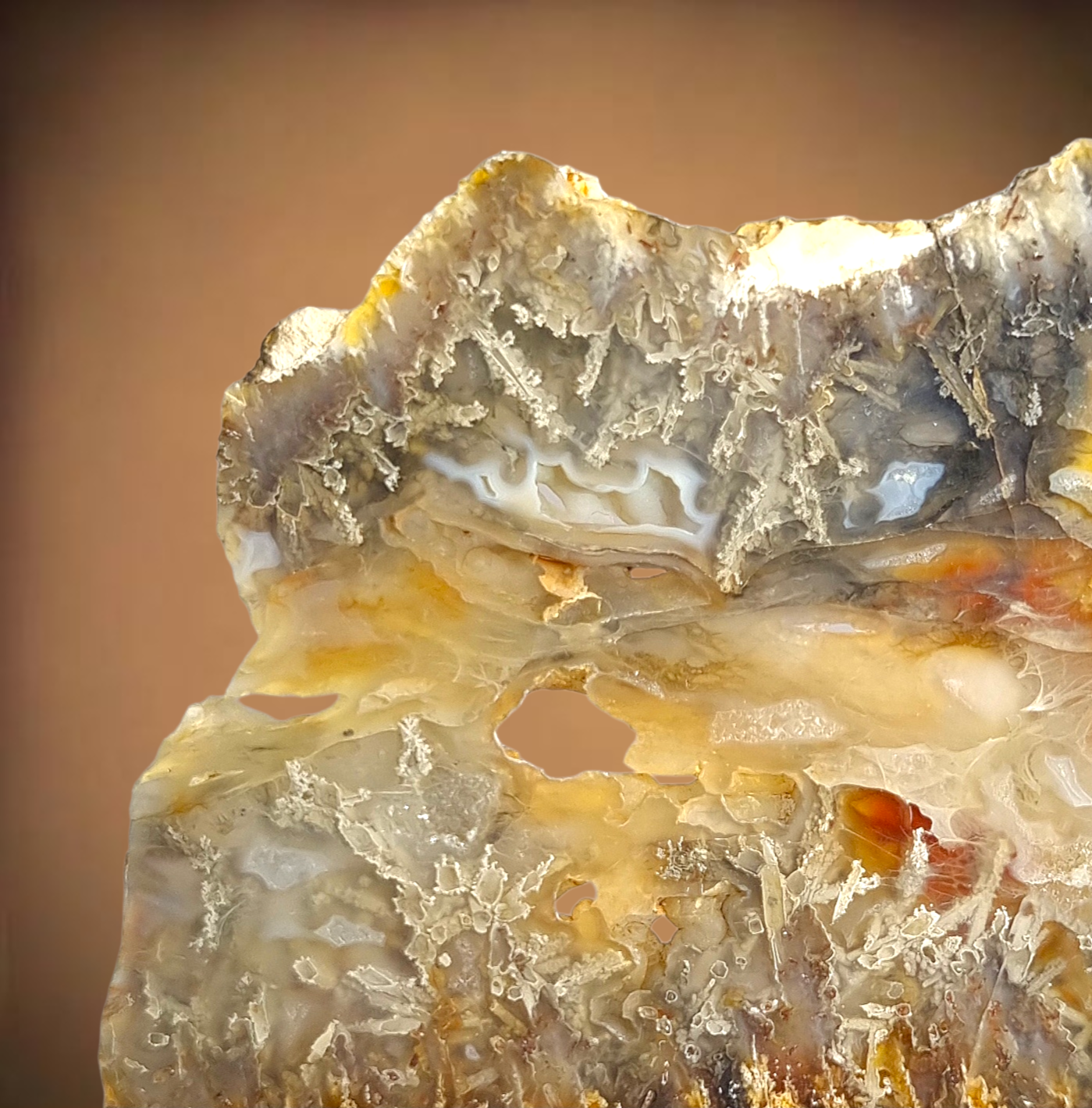 Gediegen Arsen, Realgar und Auripigment in Achat – Trent, Oregon