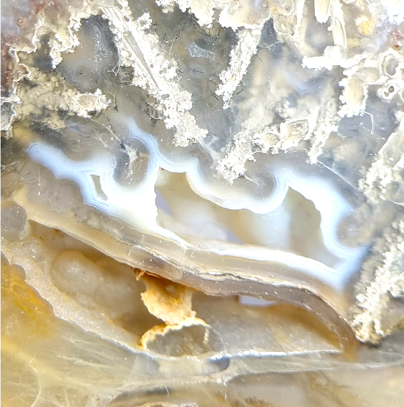 Gediegen Arsen, Realgar und Auripigment in Achat – Trent, Oregon