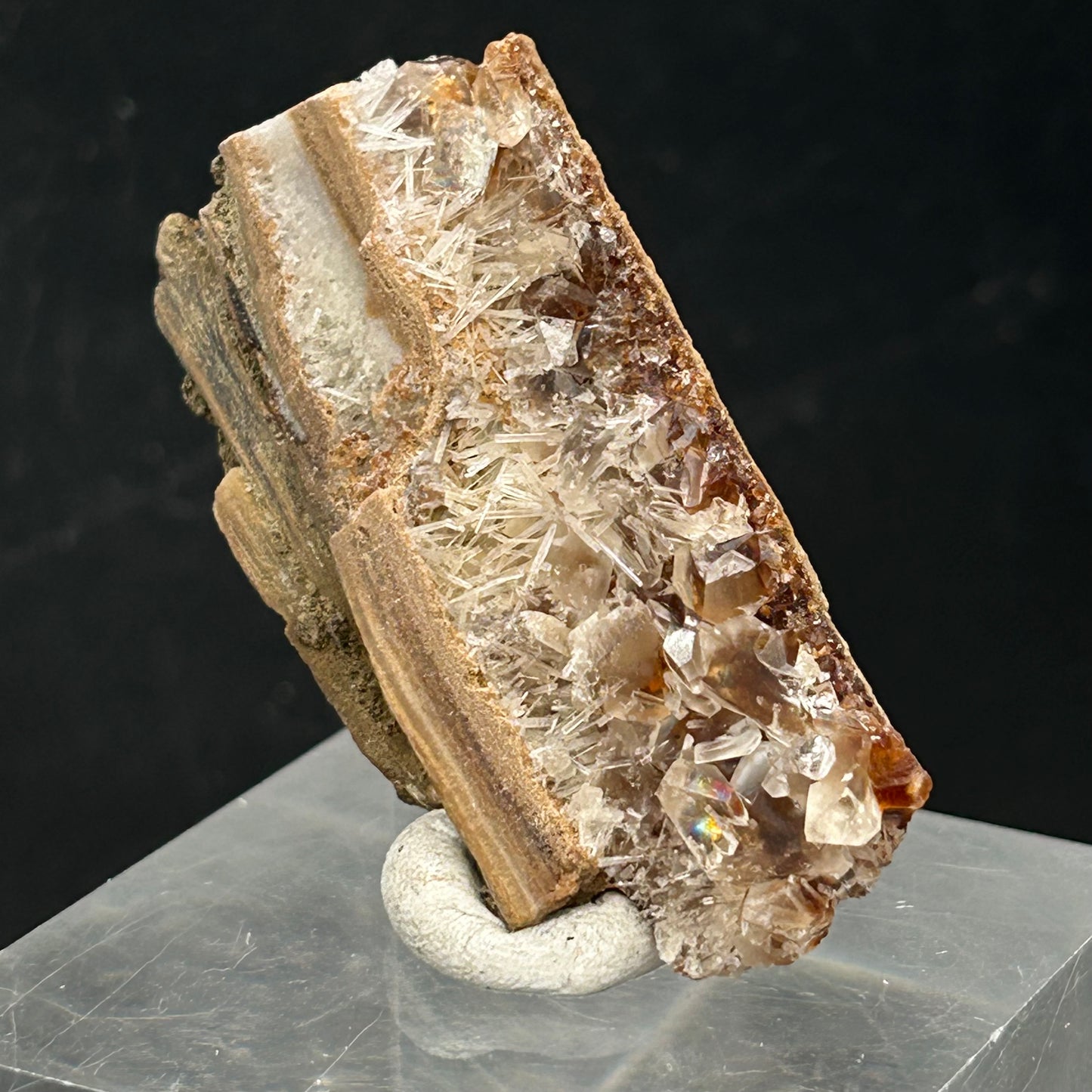 Natrolite, Calcite on petrified wood